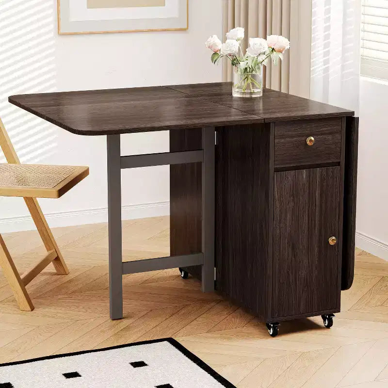 ATJafurn 59'' Foldable Dining Table with Drop Leaves for Small Space, Rectangular Wooden Extendable kitchen Table with Wheels and Storage – Image 4