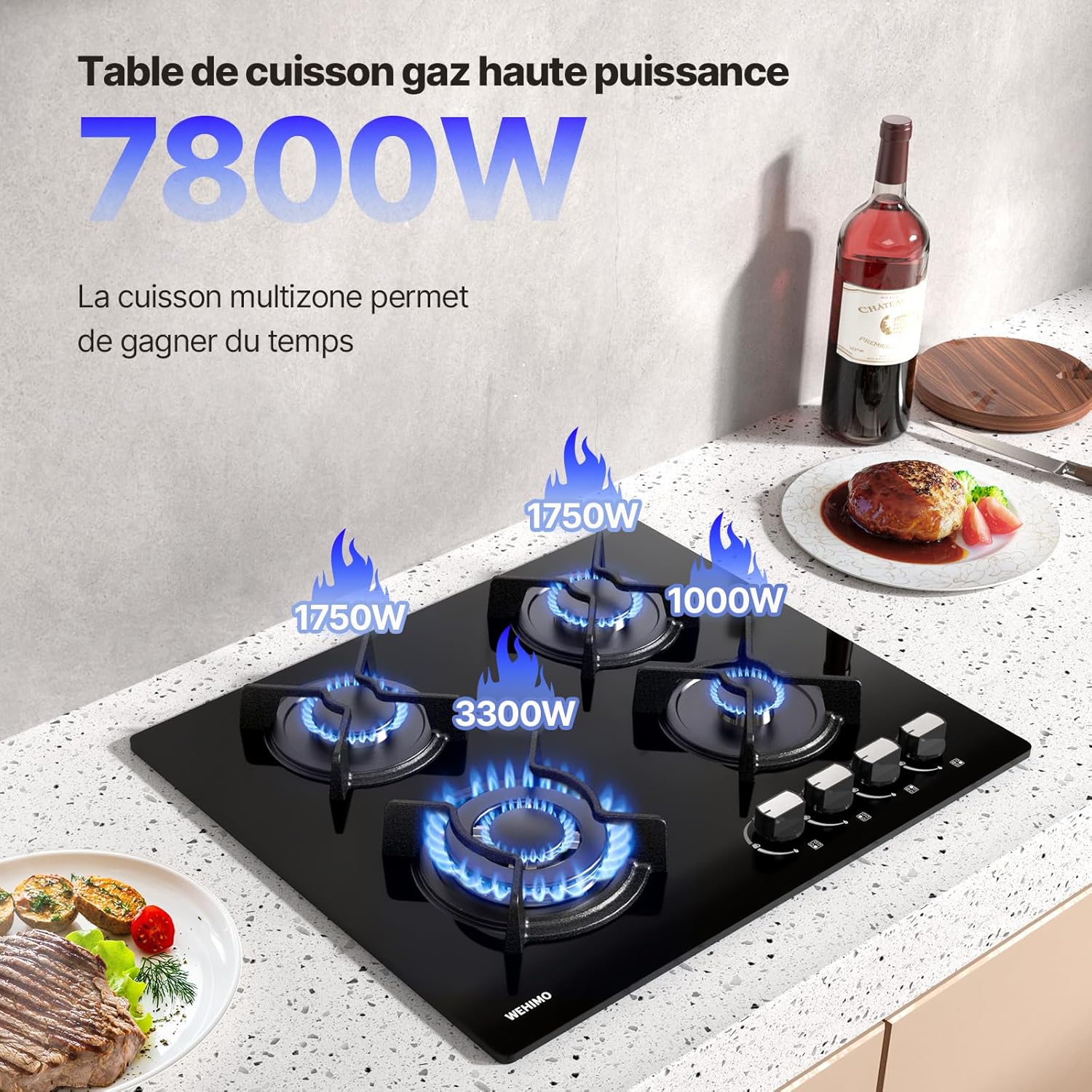 Plaque de Cuisson Gaz 4 Feuxs, Plaque Gaz 4 Feuxs Encastrable, Table de Cuisson 60cm, Grille Fonte, 7800W, Gazs Ville et Bouteille, Verre Noir – Image 3