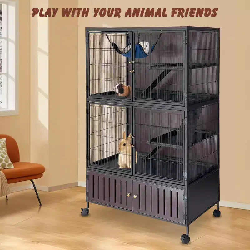 Small Animal Cage, Ferret Cage - 59'' 5-Tier Habitat with Storage Cabinet, Includes Hammock/Wheels/Removable Ramps/Easy-Clean Trays – Image 5