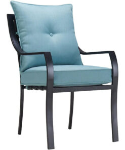 Alternative view of Hanover Lavallette 5-Piece Dining Set in Ocean Blue with 4 Stationary Chairs, 52-In. Round Glass-Top Table, Umbrella, and Base
