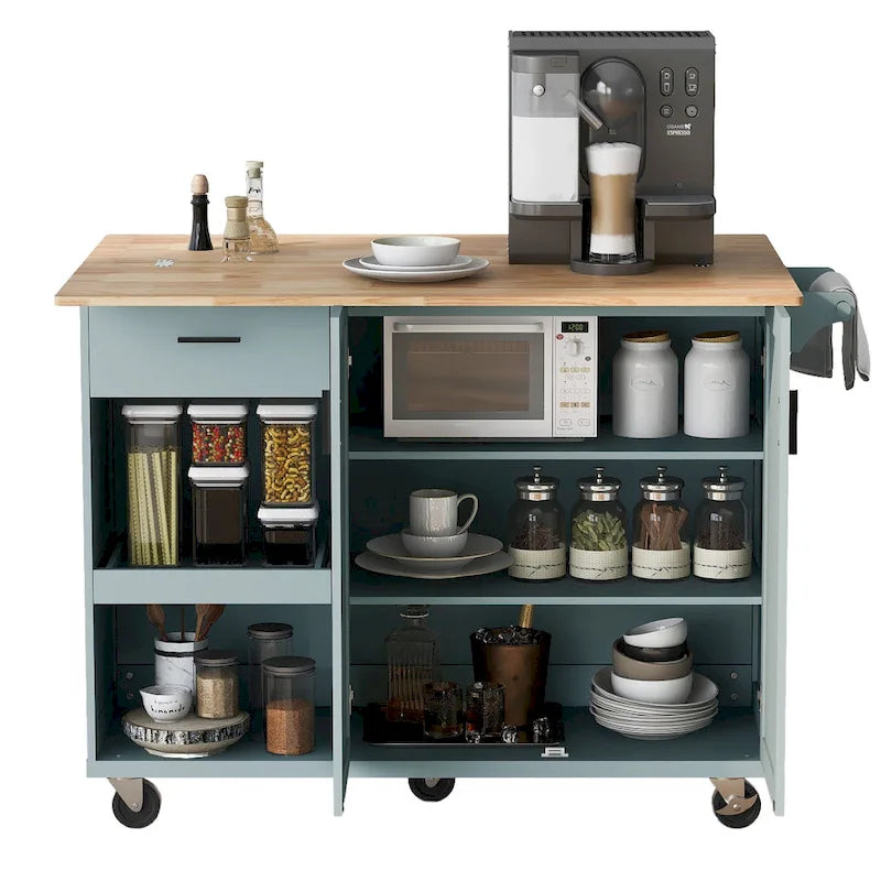 Kitchen Island with Foldable Counter Top, Kitchen Storage Cart with Slide-Out Shelf, Towel Rack and Drawer, Rolling Wheels – Image 13