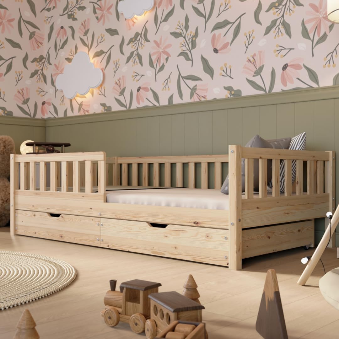 Lit Enfant avec Tiroirs 190x90 cm – Montessori au Sol en Bois Massif avec Barrière – Sécurisé pour Tout-Petit – Design Scandinave, Montage Facile - Crazy Basic