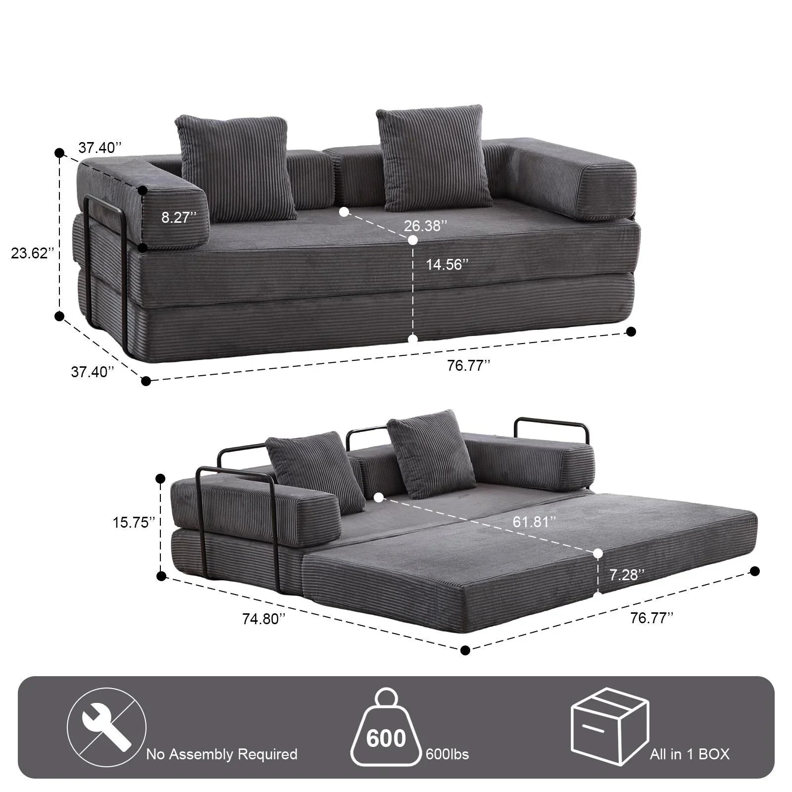 Convertible Floor Sofa Bed with Pillow Back Chenille Fabric for Living Room Bedroom – Image 14