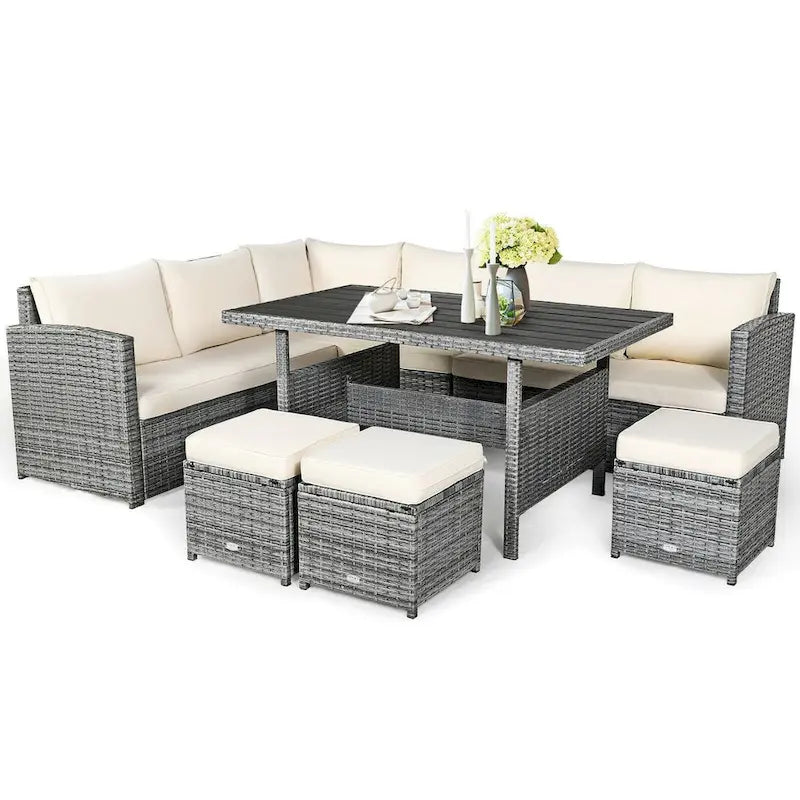7 Pcs All-Weather Patio Rattan Dining Furniture Sectional Sofa Set with Wicker Ottoman and Cushed Couch – Image 31