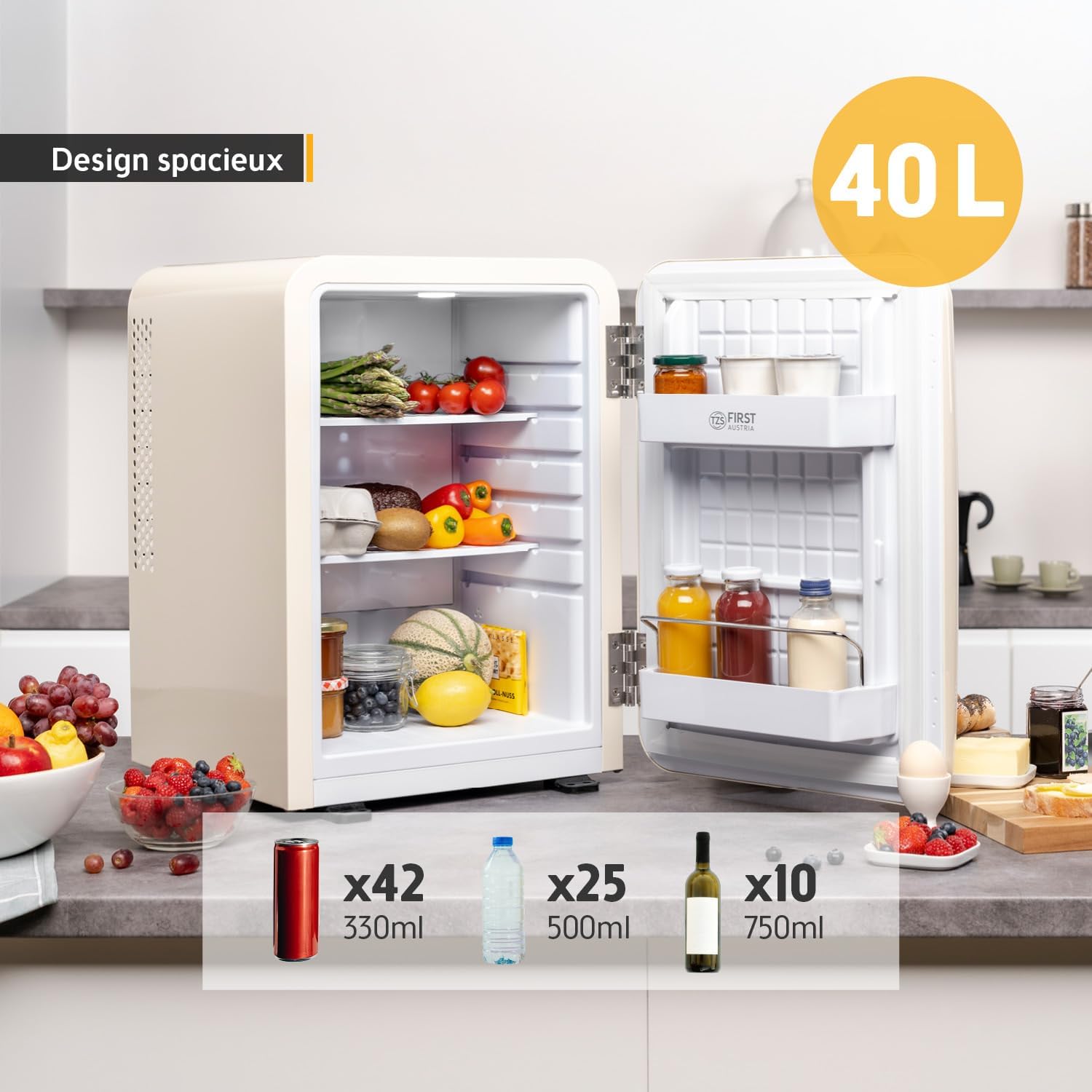TZS First Austria - Mini Réfrigérateur Rétro 40L silencieux - Petit Minifrigo design vintage avec lumière intérieure et 2 compartiments de porte - Minibar pour camping, bureau, chambre & hôtel - Crème – Image 5