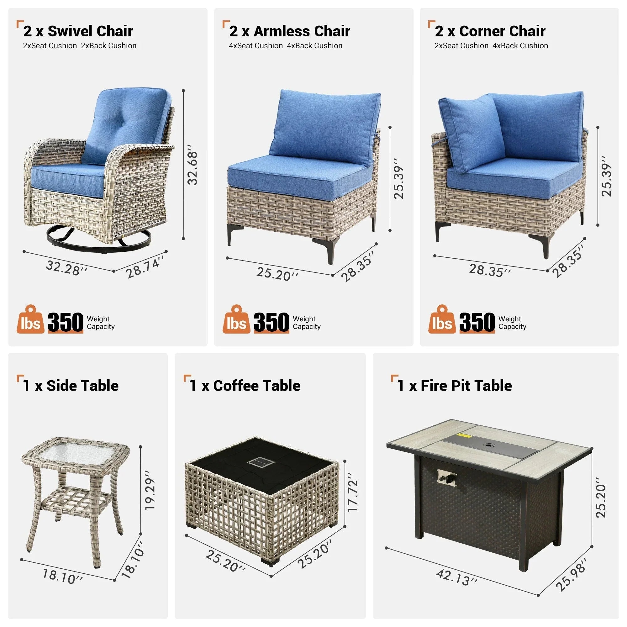 OVIOS 9 Pieces Outdoor Wicker Swivel Chair Set With Fire Table – Image 11