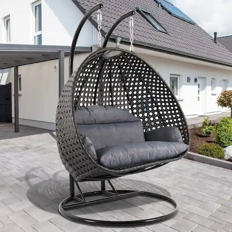 LeisureMod 2 Person Hanging Egg Chair with Stand - Outdoor/Indoor Rattan Wicker Patio Swing Hammock Lounger with Cushions – Image 3