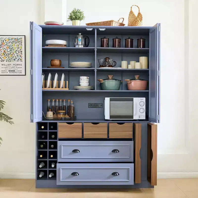 Whisen 71'' Tall Freestanding Kitchen Pantry, Large Dining Storage Cabinet Cupboard Sideboards With 4 Foldable Doors, Shelves, Wine Racks – Image 32