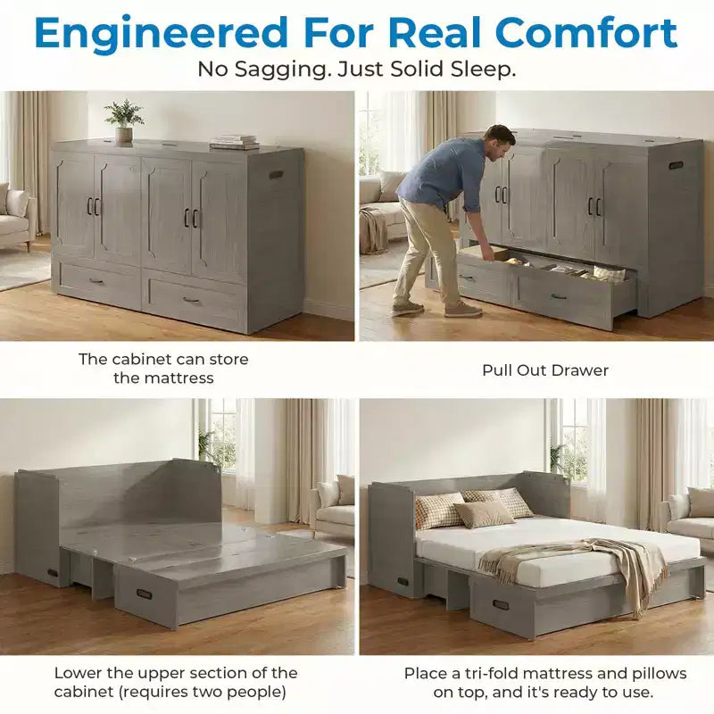 Mjkone Queen Size Convertible Murphy Cabinet Bed with Mattress, USB Charging, Storage Drawers – Image 45