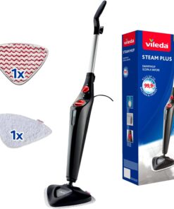Vileda Steam Plus Nettoyeur vapeur avec PowerPad et housse de rechange en microfibre, élimine jusqu'à 99,9% des bactéries et des virus, pour tous les sols, idéal pour les tapis, emballage écologique