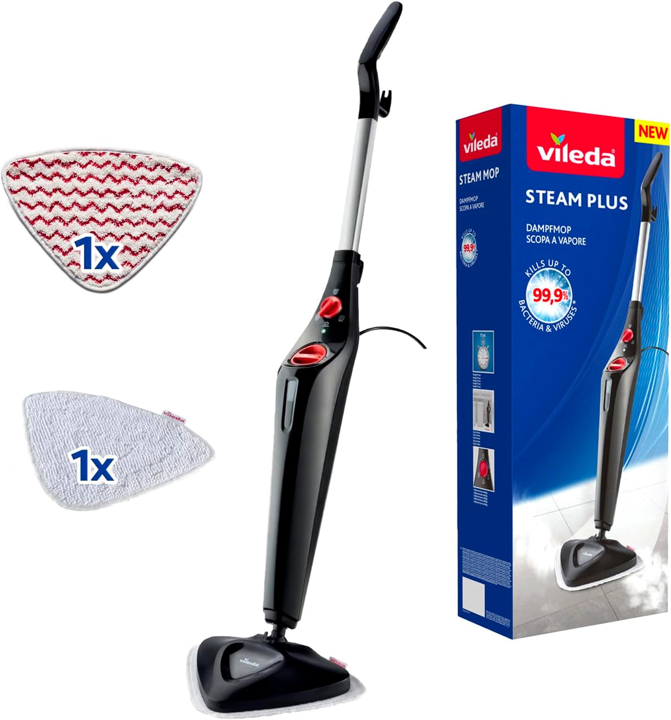 Vileda Steam Plus Nettoyeur vapeur avec PowerPad et housse de rechange en microfibre, élimine jusqu'à 99,9% des bactéries et des virus, pour tous les sols, idéal pour les tapis, emballage écologique