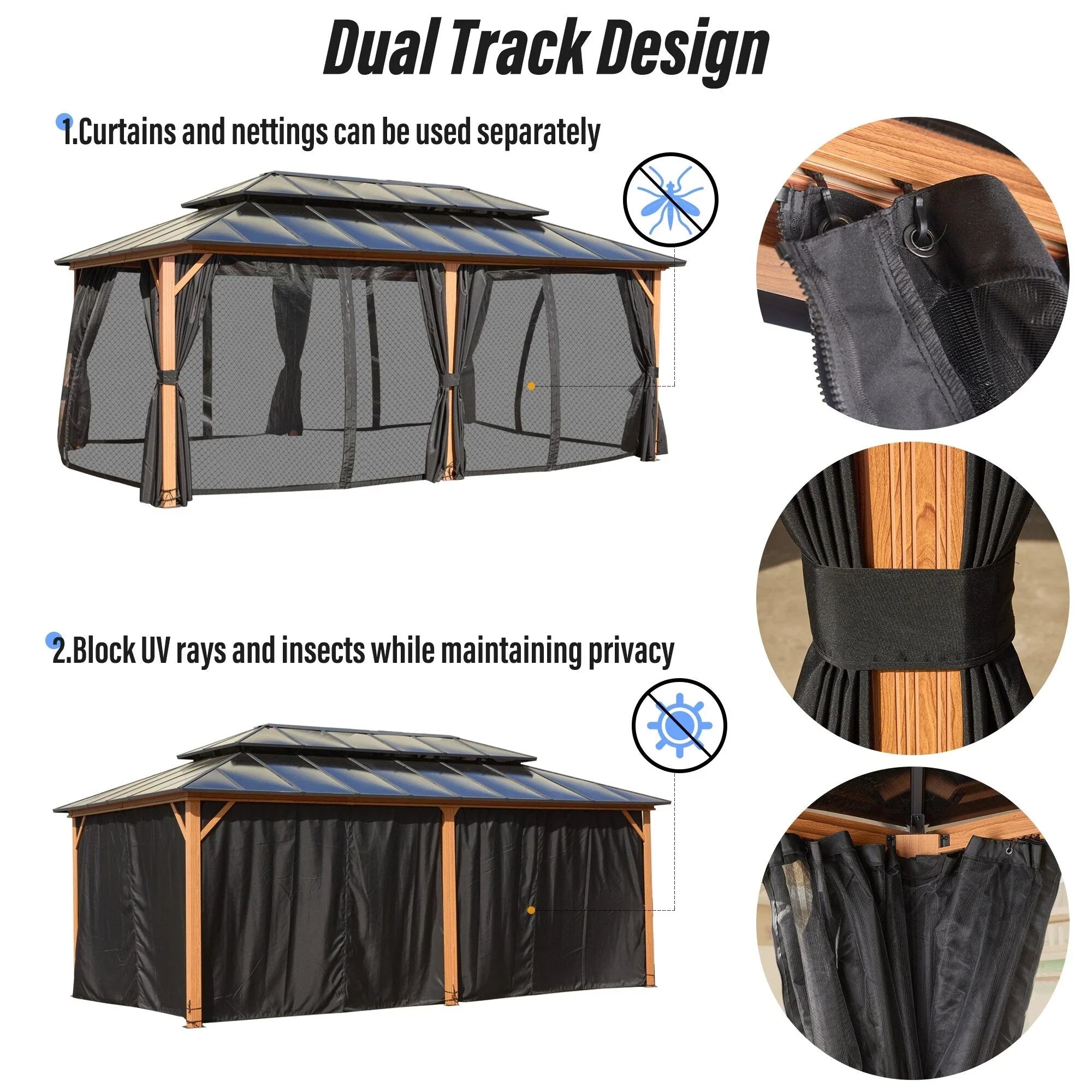 EROMMY Hardtop Gazebo,Outdoor Pergola with Double Roof & Netting & Curtains,Heavy Duty Canopy for Patio, Backyard, Pool party – Image 60