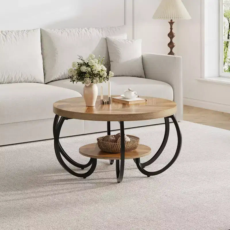 30 Inch Round Industrial Coffee Table 2-Tier with Adjustable Feet Wood Grain Shelf Flame Design Easy Assembly Living Room – Image 10