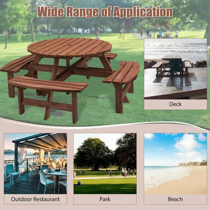 8-Person Outdoor Patio Fir Wood Round Picnic Dining Set with 4 Built-in Benches and Umbrella Hole – Image 10
