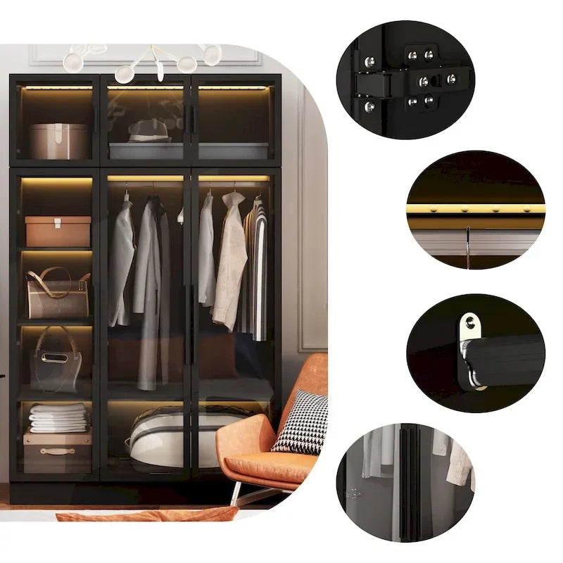 47.2 Wide Armoire LED Light All Glass Door Closet Cabinet Wardrobe – Image 23