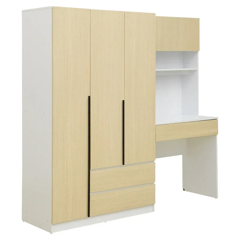 3-in-1 Wardrobe Closet with Vanity Desk, Desk Set, Bedroom Armoire with 2 Drawers 3-Door Storage Desk Wardrobe – Image 22