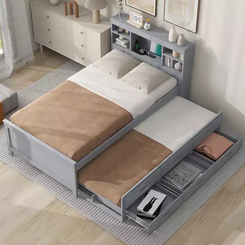 Platform Bed with Trundle and Drawers, Storage Platform Bed with USB, Wood Platform Bed with Bookcase – Image 6