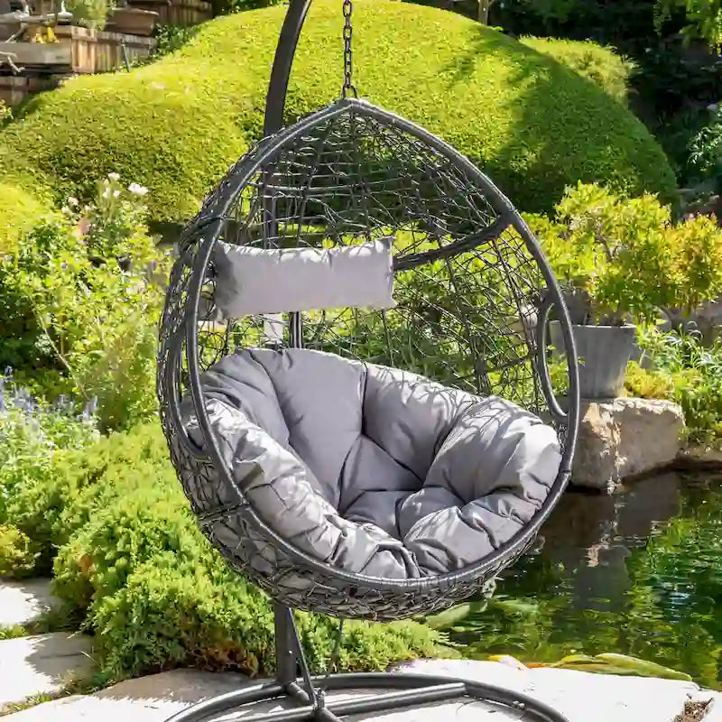 Khaki Brown / Gray Wicker Hanging Egg Chair with Cushion, 1-Person, 300 lbs Capacity – Image 7