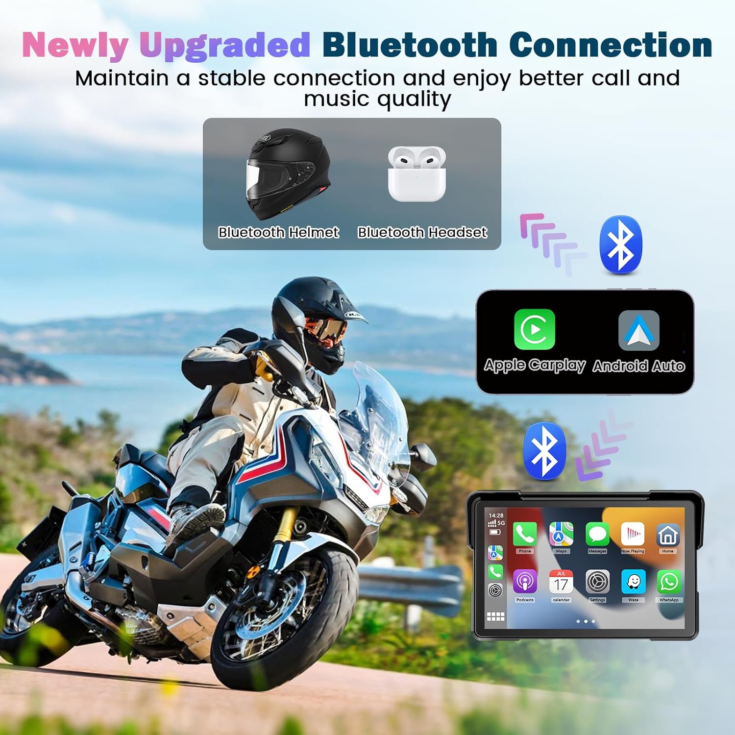 Ecran Carplay Moto avec Carplay & Android Auto, 7 Pouces Portable GPS Moto Etanche, Support Musique Bluetooth, Navigation, Siri/G00gle Assistant, Support Magnétique - Facile Installer et Démonter – Image 4
