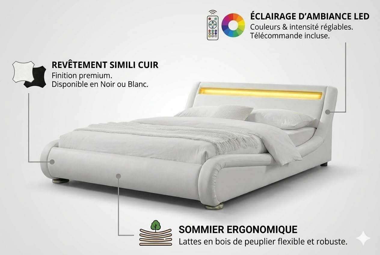 CONCEPT USINE Lit Double Seattle 140x190 cm avec LED Design Moderne en Simili Blanc Tête de Lit Lumineuse Télécommande LED 4 Couleurs Incluse Structure Plywood Solide et Sommier 2 Places – Image 3
