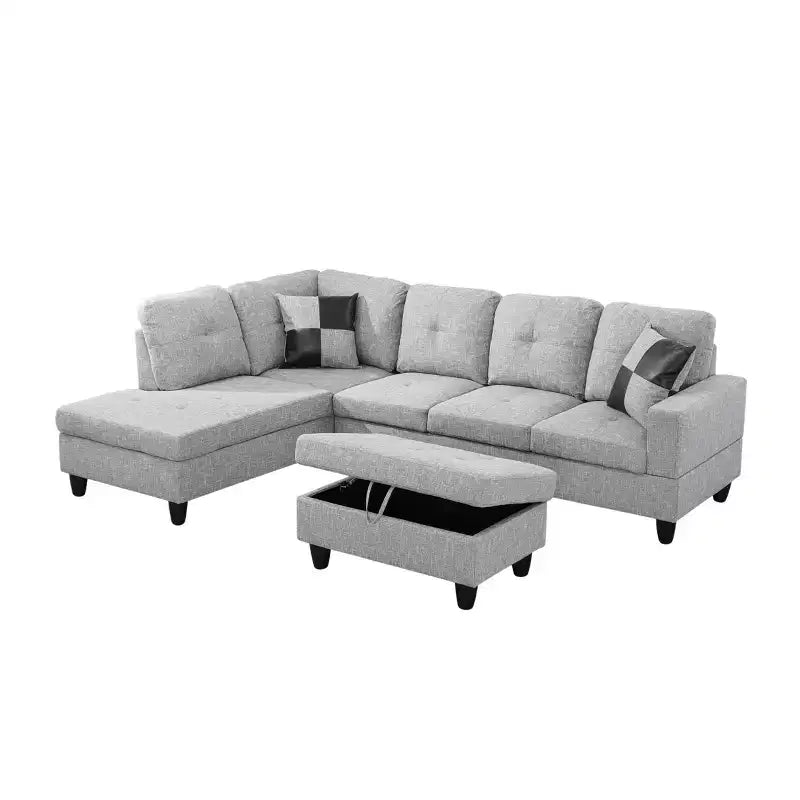 L-Shaped Living Room Sofa with Double Spring Layer, Soft and Breathable 3-Piece Short Plush Sofa Set – Image 4
