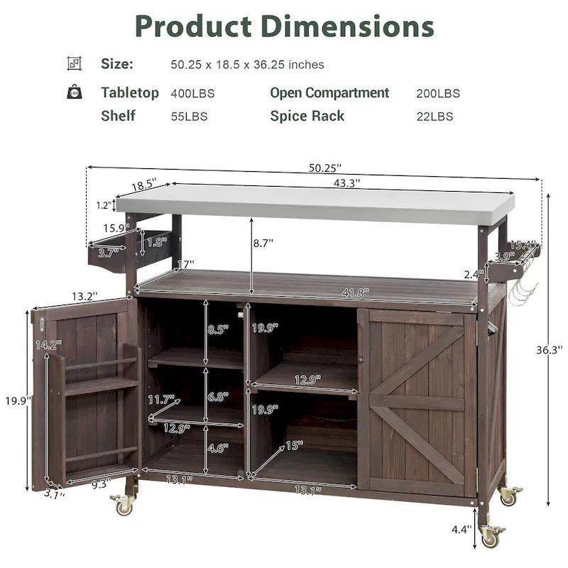 Outdoor Kitchen Island, Rolling Bar Cart & Storage Cabinet,Solid Wood Grill Table with Stainless Steel Top,Spice Rack,Towel Rack – Image 10