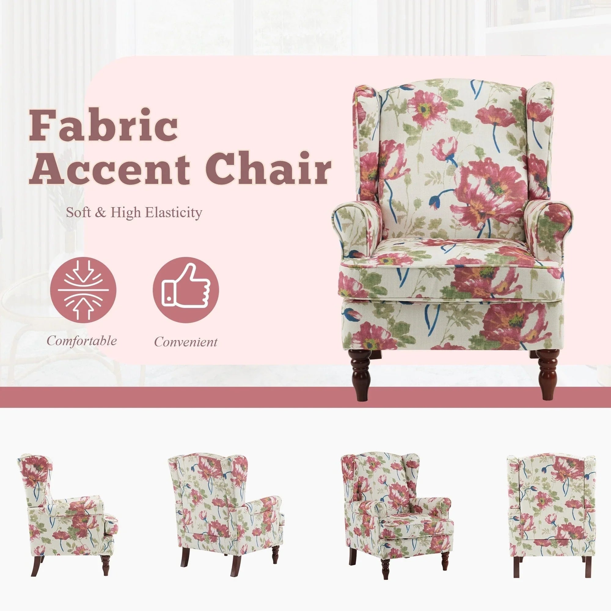 Erommy Modern Accent Chair, High Back Armchair, Upholstered Fabric Button Single Sofa with Wooden Legs for Living Room – Image 161