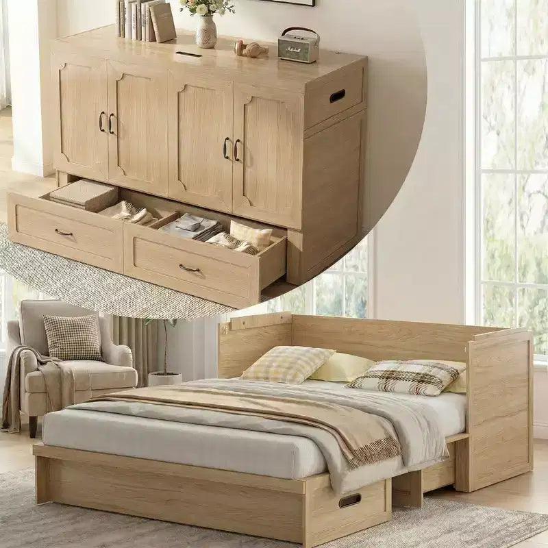 Mjkone Queen Size Convertible Murphy Cabinet Bed with Mattress, USB Charging, Storage Drawers – Image 32