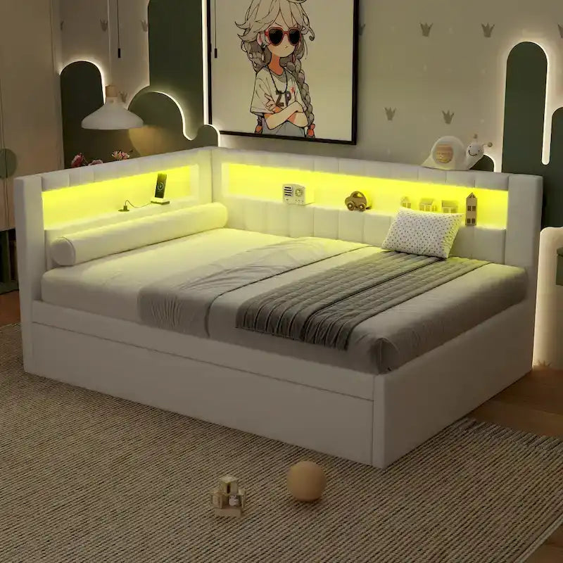 Upholstered Platform Bed with USB Ports & LED Lighting - Full/Twin Size Bed Frame with 2 Storage Drawers - Modern Bedroom – Image 23