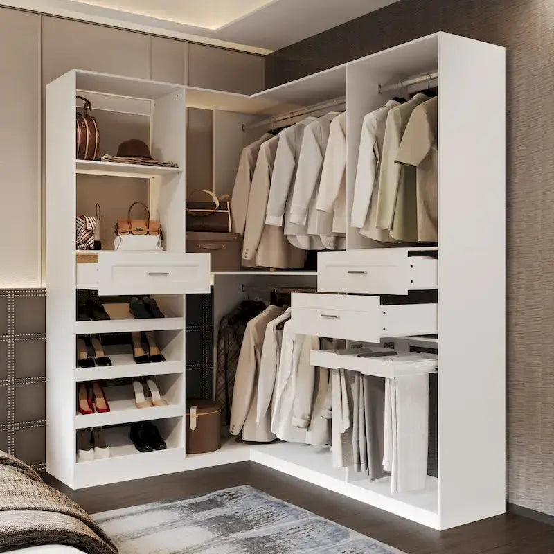 Corner Wardrobe Closet with 2 Hanging Rods, Pants Rack, and Shoe Storage Organizer Armoires – Image 3