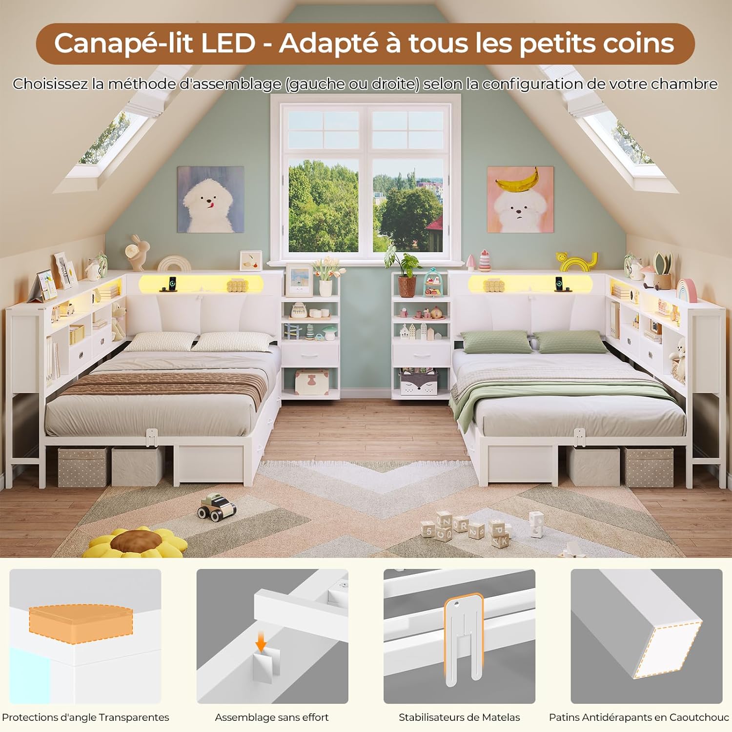 DICTAC Lit 90x190 en L – Banquette-Lit 1 Place avec Tête de Lit Capitonnée (Rangement Secret + Table de Nuit Intégrée), LED RGB & Recharge | Idéal pour Studio & Chambre (Blanc) | 3tiroirs sous le lit – Image 8