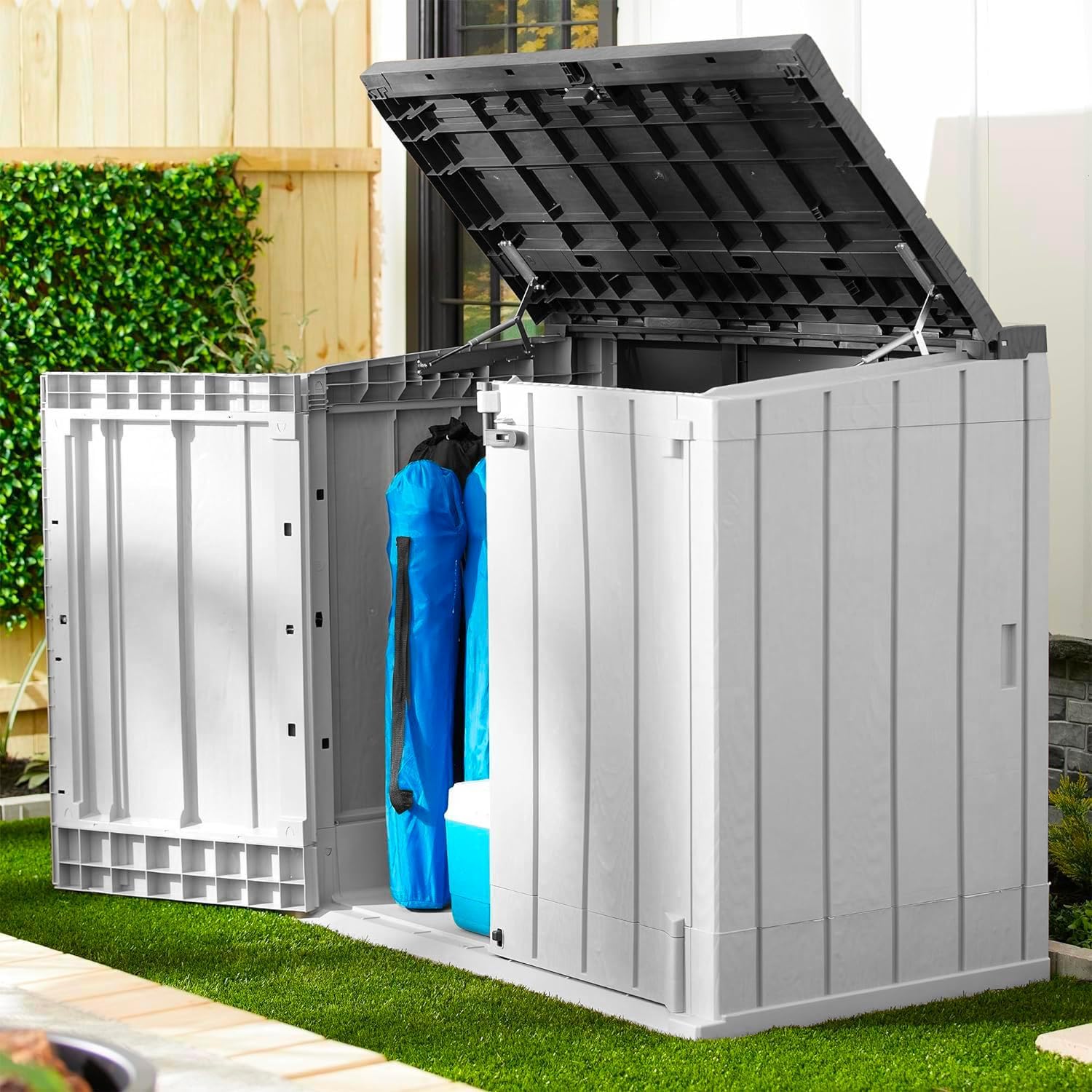 Avilia Caisse multifonction d'extérieur à 2 portes – Coffre de rangement et outils effet bois, résistant aux intempéries, 842L, 74,5 x 129,5 x 111 cm, en polyuréthane, anthracite – Image 3