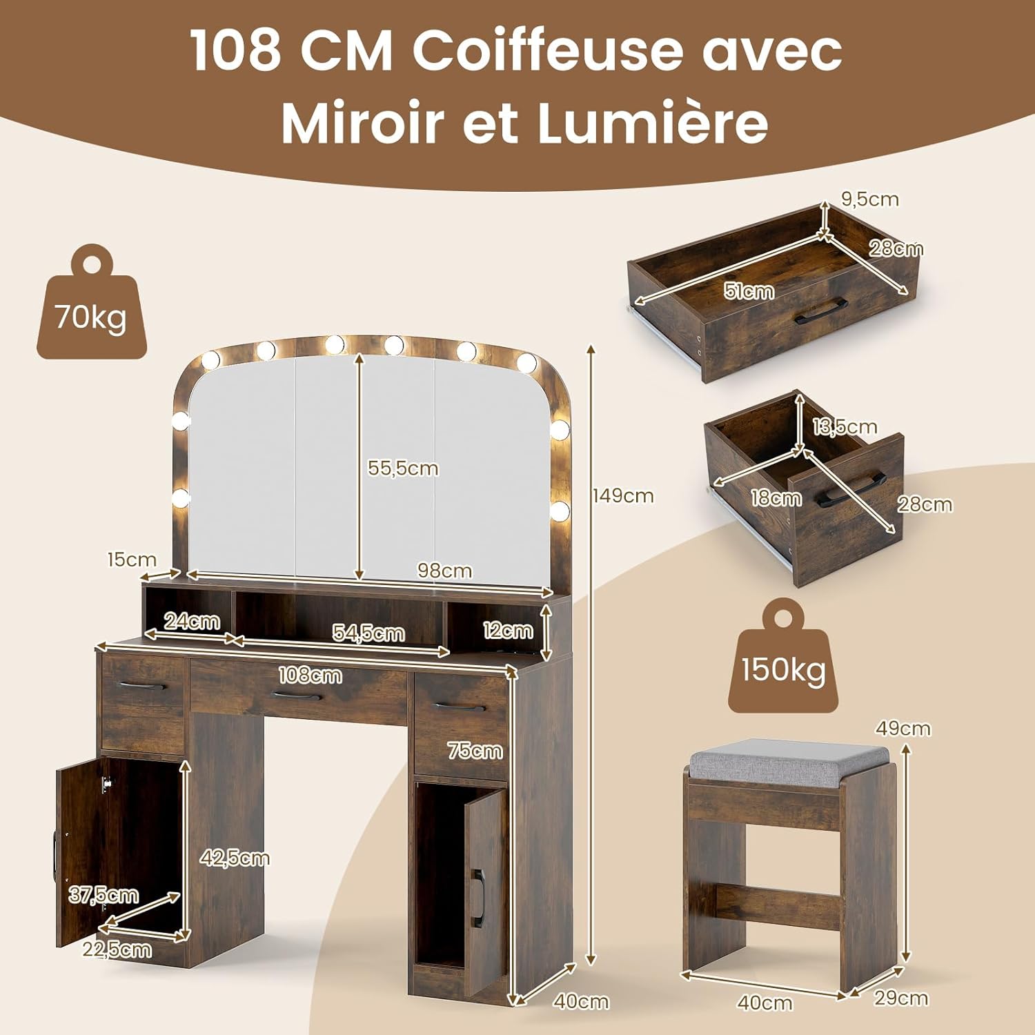 COSTWAY Coiffeuse avec Miroir et Tabouret, Coiffeuse avec Rangement, Station de Charge, 3 Couleurs de Lumière, Table de Maquillage 108 cm de Large, 3 Compartiments, 3 Tiroirs, 2 Armoires Industriel – Image 2