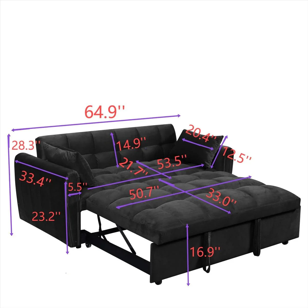 64.96 Velvet 3-in-1 Convertible Sofa Bed with Adjustable Back, Storage Pocket, and 500lb Weight Capacity – Image 9