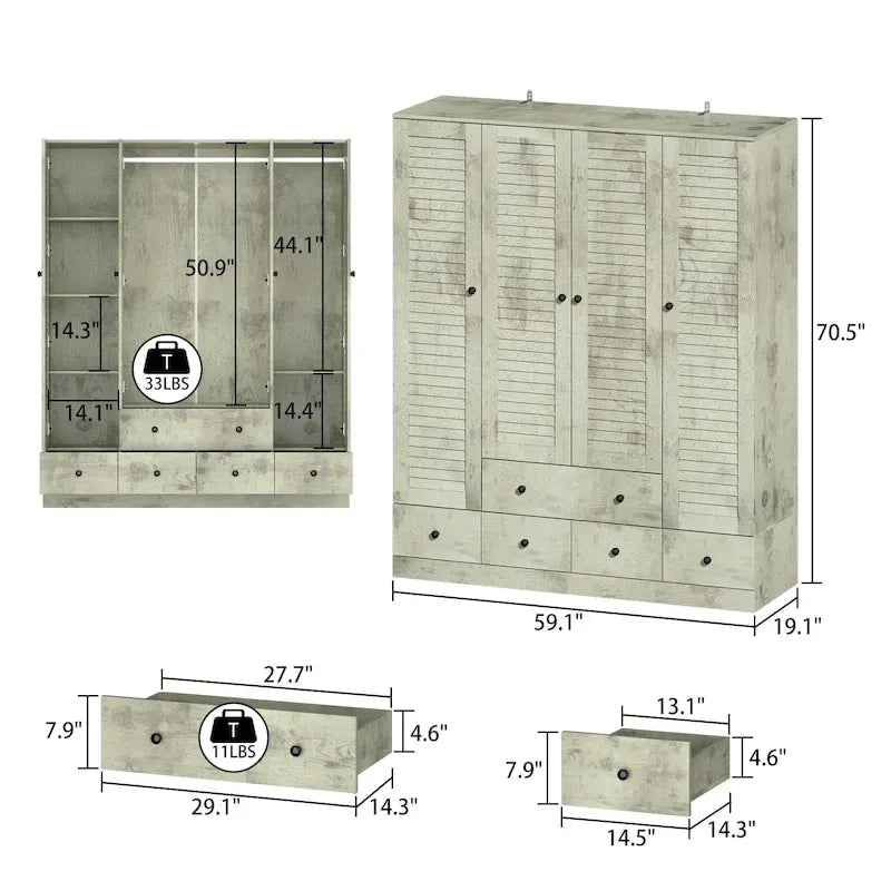 Wardrobe Armoire Closet 59W Large Freestanding Wardrobe Cabinet White – Image 35