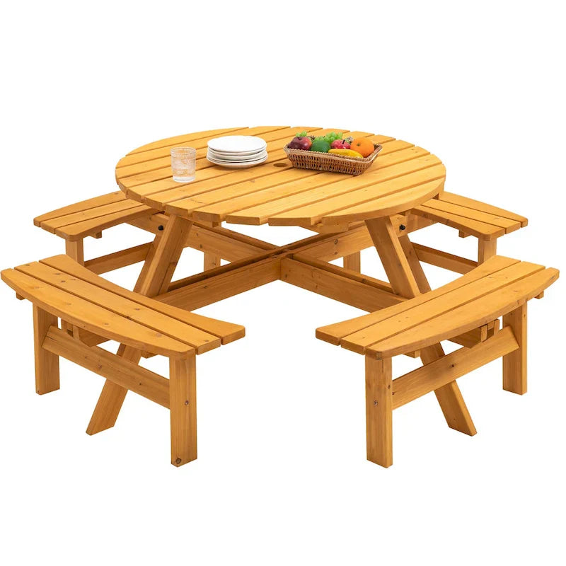 8-Person Outdoor Patio Fir Wood Round Picnic Dining Set with 4 Built-in Benches and Umbrella Hole – Image 15