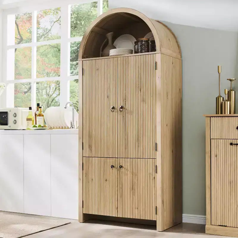71 Tall Arched Kitchen Pantry, Modern Storage Cabinet with 3 Adjustable Shelves, 6 Door Shelves, for Kitchen, Living Room – Image 18