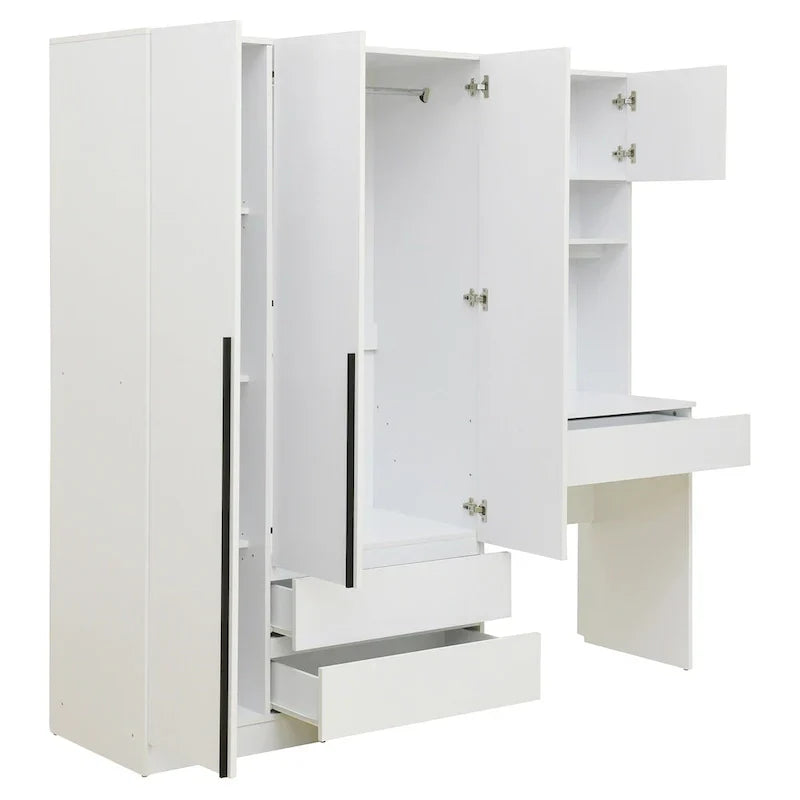 3-in-1 Wardrobe Closet with Vanity Desk, Desk Set, Bedroom Armoire with 2 Drawers 3-Door Storage Desk Wardrobe – Image 12