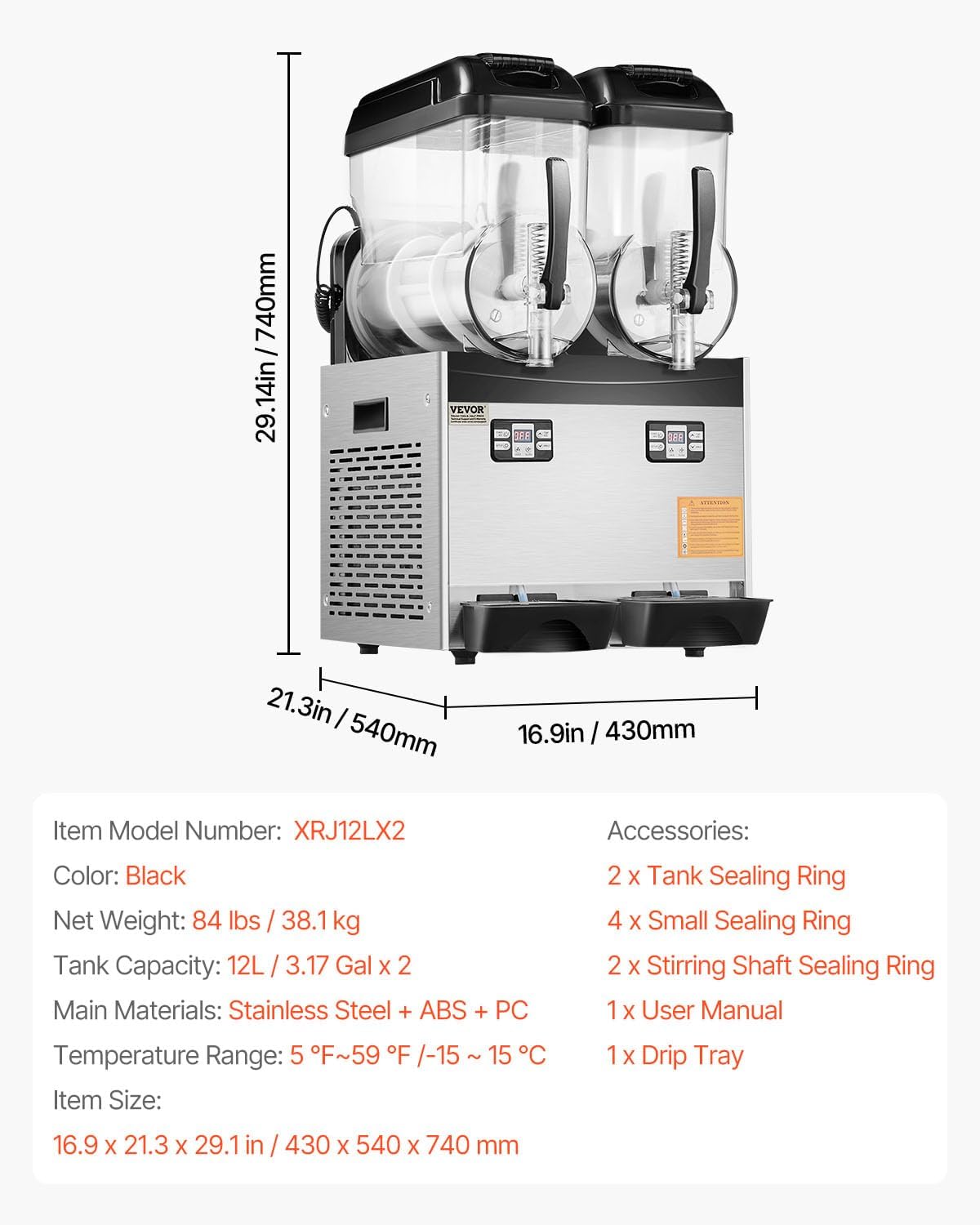 VEVOR Machine à Granité Commerciale 2x12 L Double Réservoir, Machine à Boissons Glacées en Inox de 96 Tasses, Distributeur de Boissons Frappées Granitas Margarita Smoothie, pour Restaurants Cafés Bars – Image 7