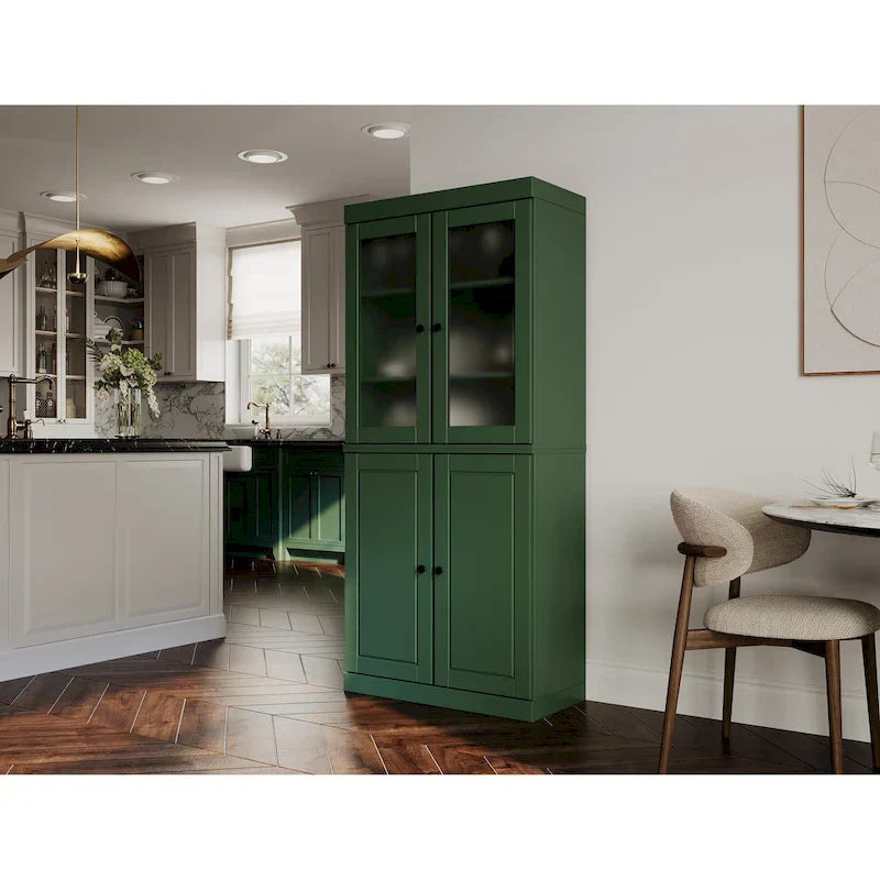 100% Solid Wood Pantry Cabinet with Frosted Glass Doors, Solid Doors, 2-Drawers and Adjustable Shelves – Image 39