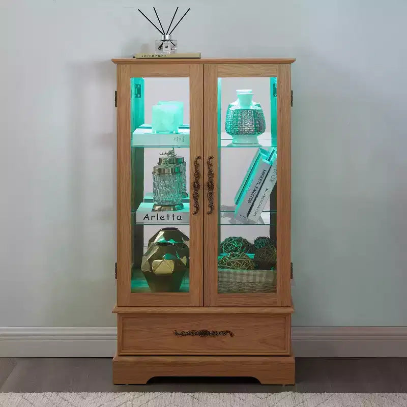 Lighted Glass Curio Cabinet with Adjustable Shelves - Elegant 2-Door Display Cabinet & Built-in Drawer, Includes Bulb – Image 32