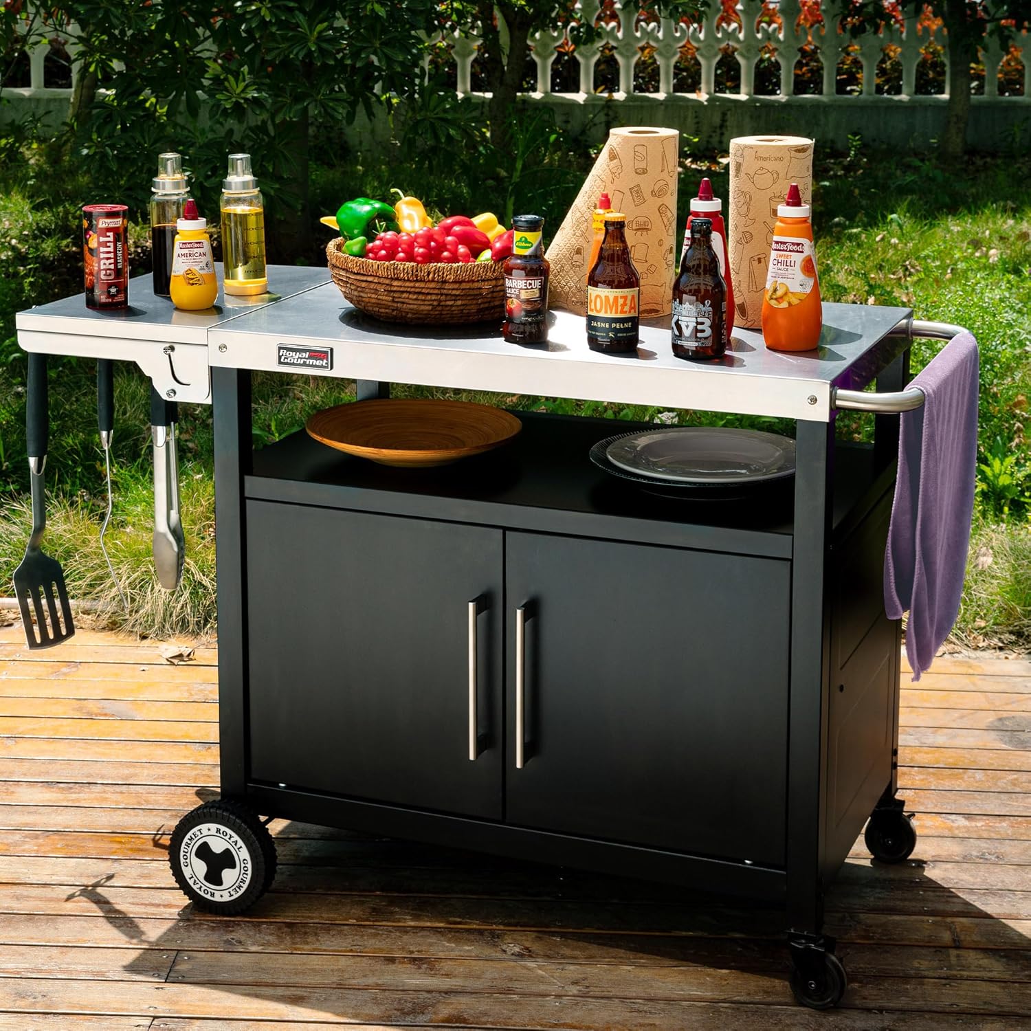 Royal Gourmet Chariot de Barbecue avec Porte d'Armoire, Desserte Extérieure pour Plancha avec Dessus de Table en Acier INOX 85 x 50cm et Table d'Appoint Pliable de 30 x 50cm, pour Cuisine et Jardin – Image 6