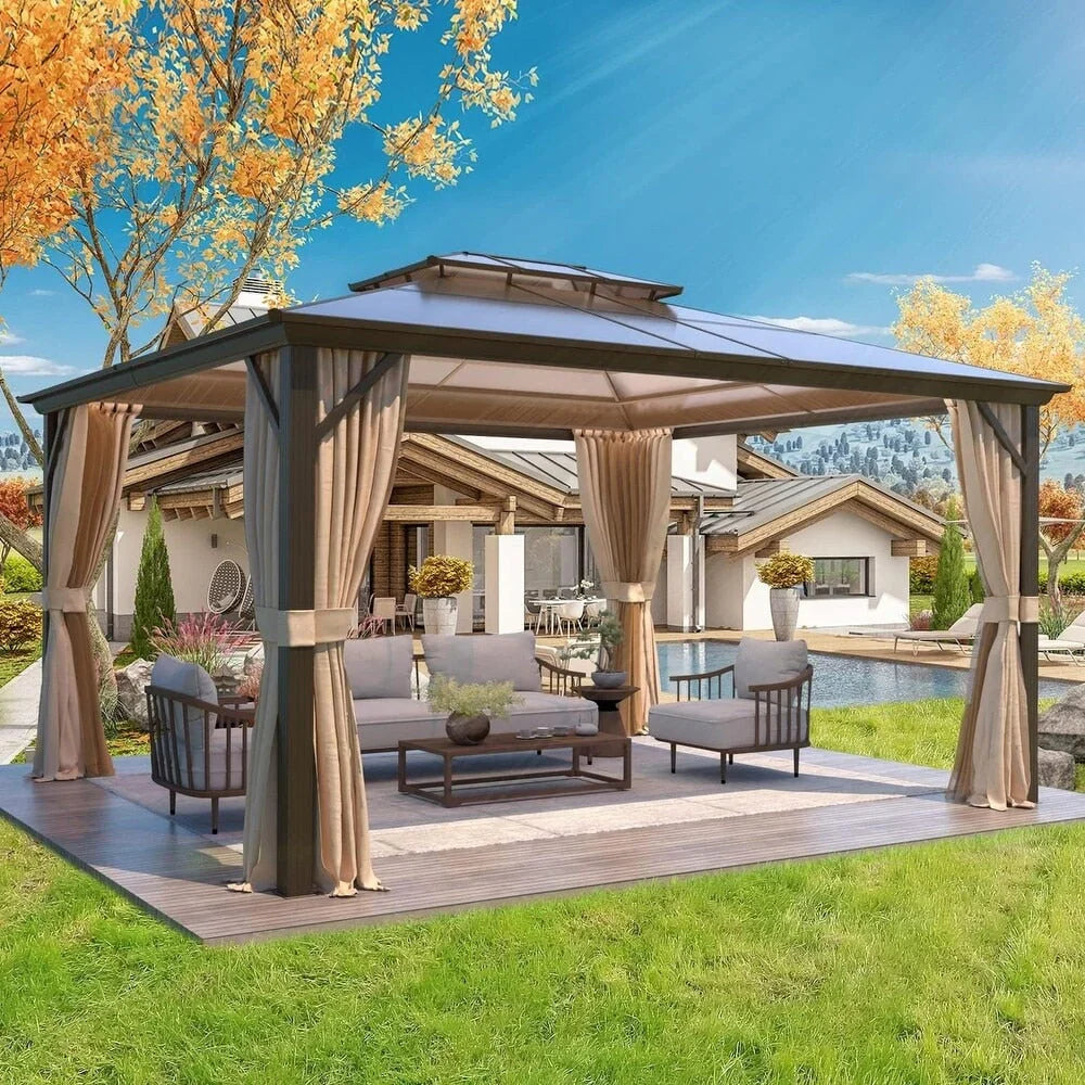 EROMMY Hardtop Gazebo,Outdoor Pergola with Double Roof & Netting & Curtains,Heavy Duty Canopy for Patio, Backyard, Pool party – Image 8