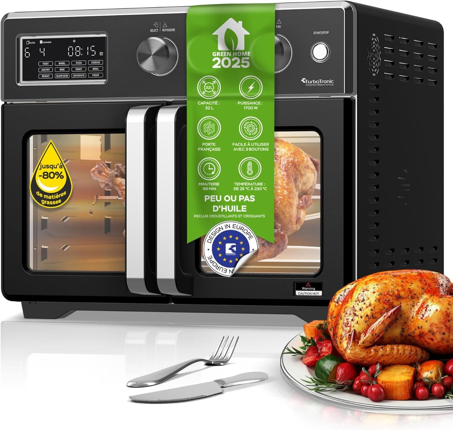 TurboTronic Mini four, four à air chaud 4 en 1 et friteuse à air chaud, version XXL 32 L, y compris tournebroche et de nombreux accessoires, plaque de cuisson, déshydrateur à partir de 25 °C & grill
