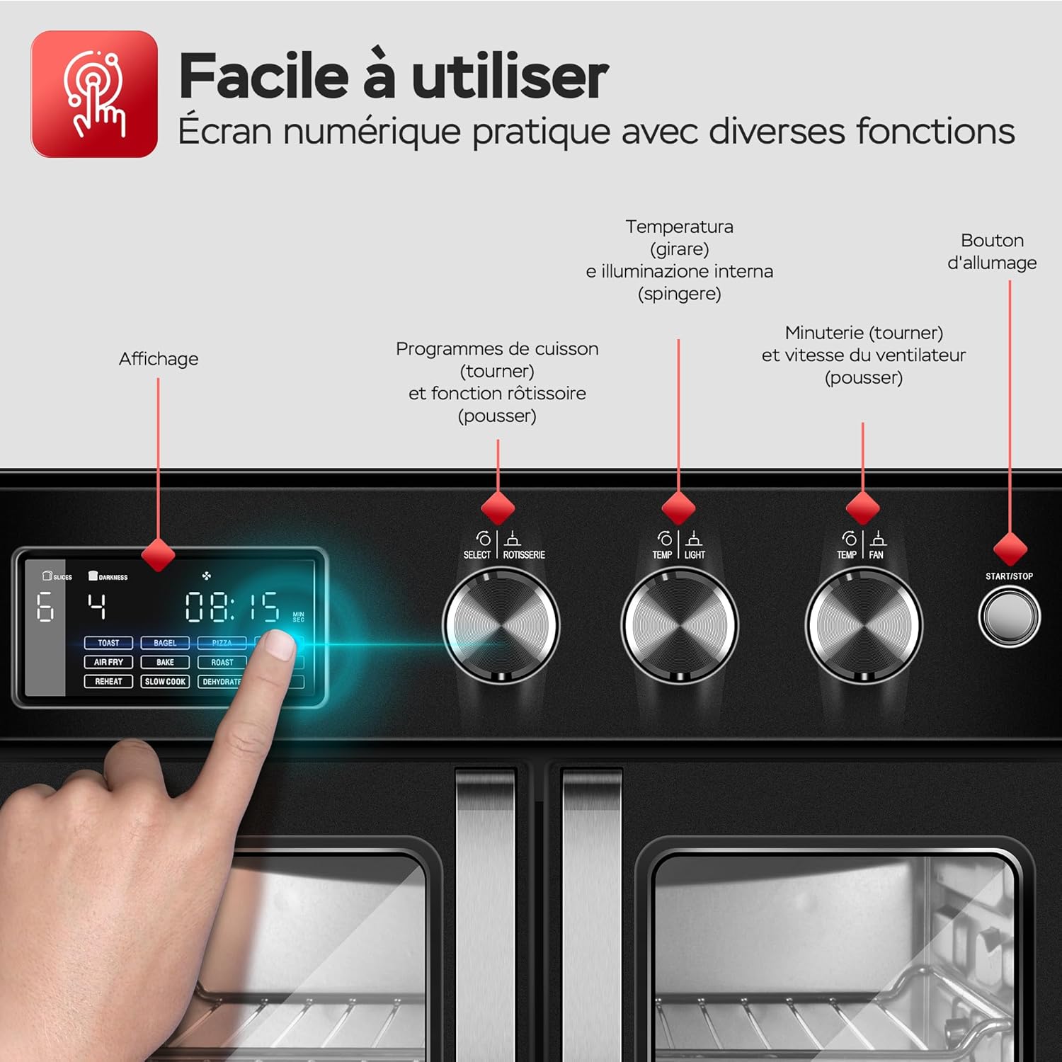 TurboTronic Mini four, four à air chaud 4 en 1 et friteuse à air chaud, version XXL 32 L, y compris tournebroche et de nombreux accessoires, plaque de cuisson, déshydrateur à partir de 25 °C & grill – Image 5