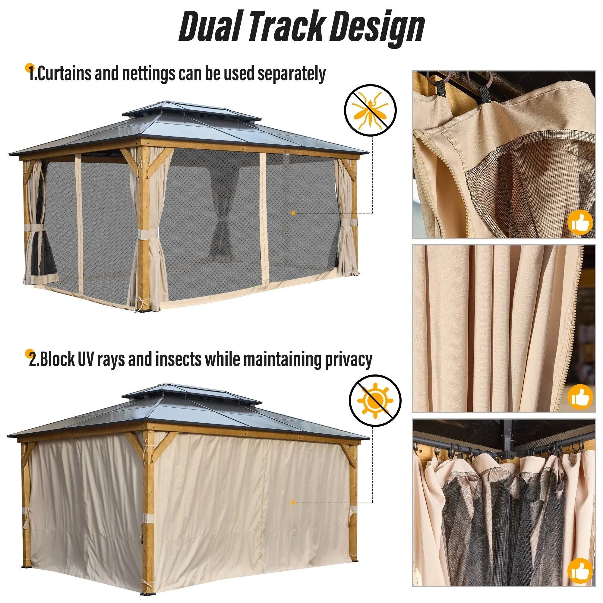 EROMMY Hardtop Gazebo,Outdoor Pergola with Double Roof & Netting & Curtains,Heavy Duty Canopy for Patio, Backyard, Pool party – Image 110