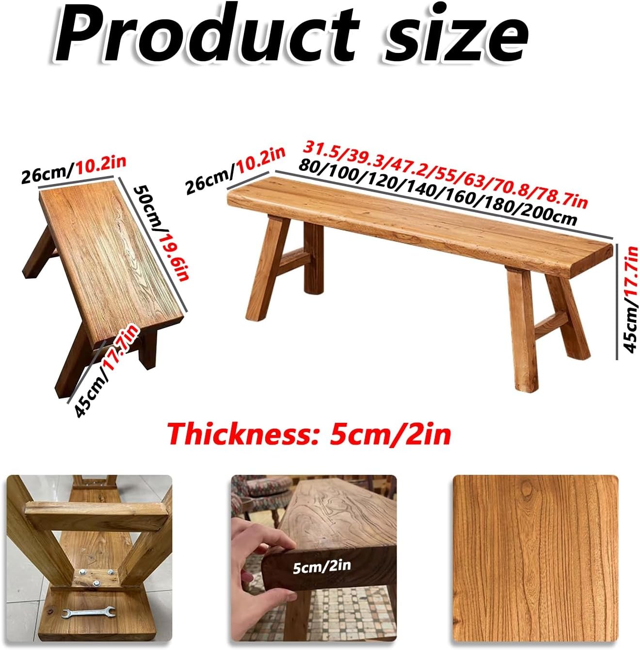 Banc en bois d'intérieur - Long banc de couloir en bois rustique massif avec capacité de 200 kg pour entrée, coin petit-déjeuner ou bout de lit – Image 2