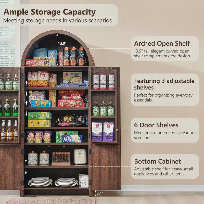 71 Tall Arched Kitchen Pantry, Modern Storage Cabinet with 3 Adjustable Shelves, 6 Door Shelves, for Kitchen, Living Room – Image 25