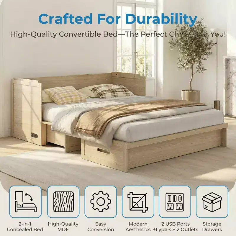 Mjkone Queen Size Convertible Murphy Cabinet Bed with Mattress, USB Charging, Storage Drawers – Image 13