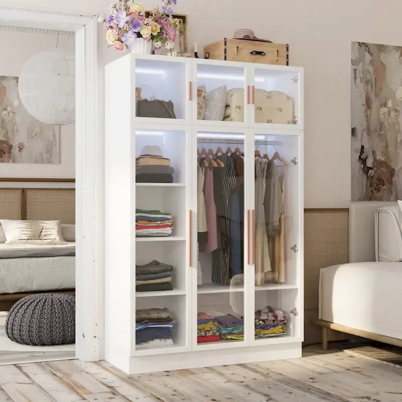 47.2 Wide Armoire LED Light All Glass Door Closet Cabinet Wardrobe – Image 13